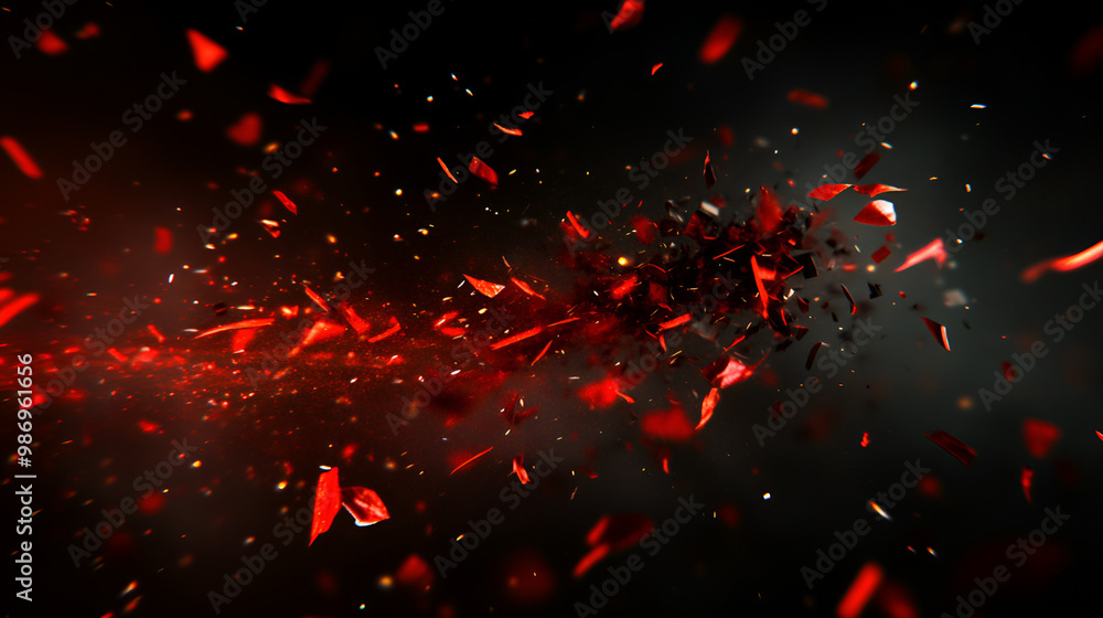 Aufkleber Dynamic explosion of red shards creates an intense visual effect against a dark background in a digital creation