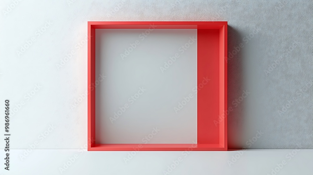 Aufkleber a red frame decorates an empty minimalist shelf, blending art with simplicity.