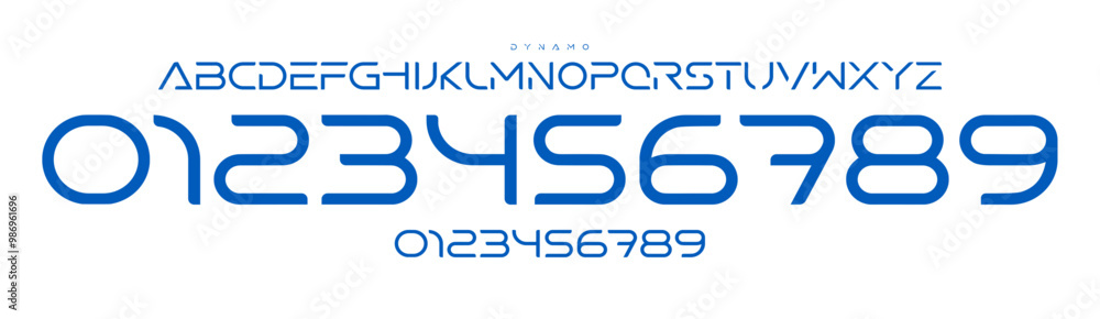 Aufkleber Futuristic rounded typeface with sleek lines and geometric precision, numbers and letters for tech branding, sports branding, jersey numbers, team merchandise. Vector typeset