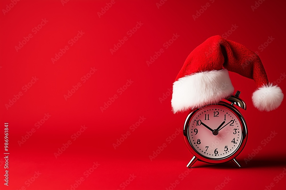 Poster red background with a clock on it. christmas clock with a white alarm and a santa hat on a red backg