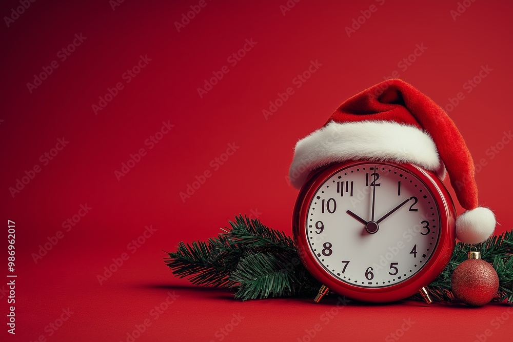 Poster red background with a clock on it. christmas clock with a white alarm and a santa hat on a red backg