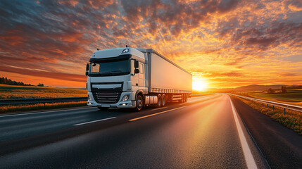 
Big White truck driving on the highway through countryside landscape at sunset