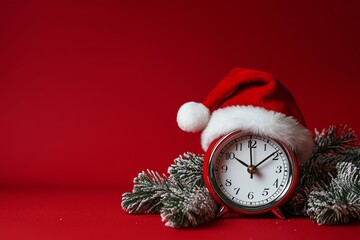 Red background with a clock on it. Christmas clock with a white alarm and a Santa hat on a red background banner, with copy space for text.