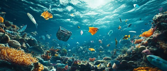 Ocean plastic debris floating amidst vibrant marine life symbolizing environmental degradation and the impact of pollution on ecosystems with stunning underwater visuals