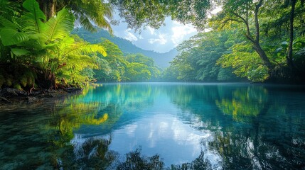 A picturesque photograph of a hidden, tranquil lagoon surrounded by lush tropical rainforest. The still waters reflect the vibrant colors of the foliage and the serene atmosphere enhances the beauty