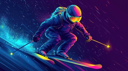 Skier in Neon Lights