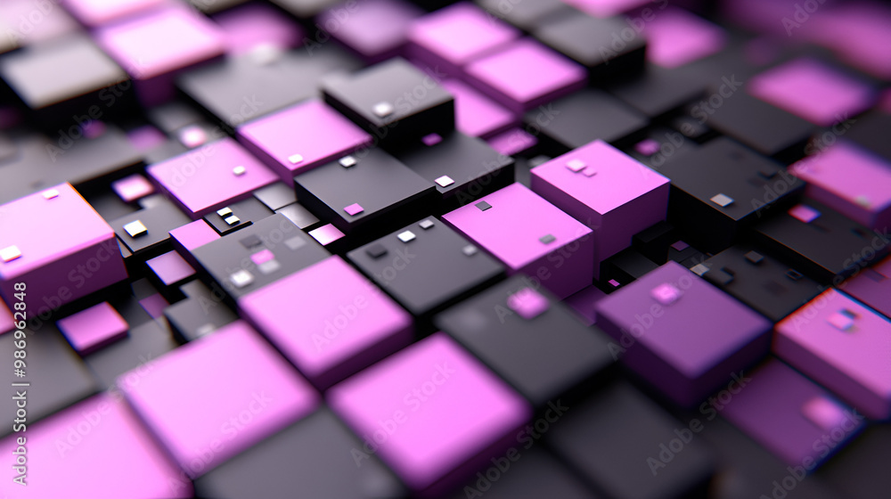 Poster abstract geometric design featuring purple and black cubes arranged in a dynamic pattern with varyin