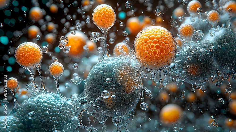 Aufkleber a 3d render of spheres connected by water droplets forms a striking abstract image.