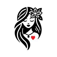 Elegant Charm Black Logo with a Woman's Face Iconic Simplicity Vector Icon of Black Female Face. beautiful floral girl with love sign icon logo