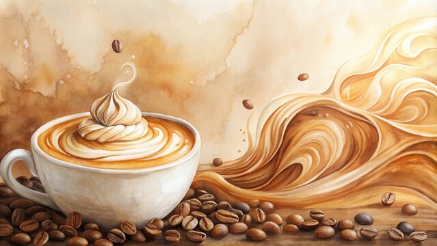 Coffee and cream flowing watercolor background perfect for cafe and caffeine drinks concept
