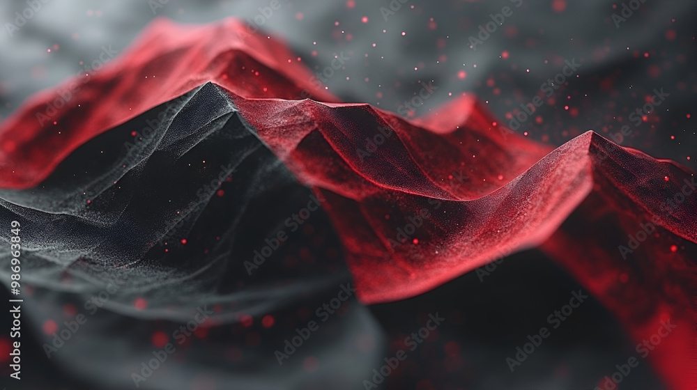 Poster abstract landscape of red and black undulating waves illuminated by soft light highlighting texture 