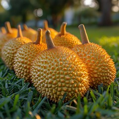 a bunch of durian fruit that is on the grass