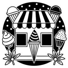 Ice-cream Shop Cover Photo Line Art Vector Illustration
