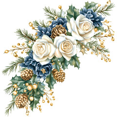 Winter watercolor floral bouquets with white roses, blue flowers, pinecones, and gold accents, festive holiday arrangement