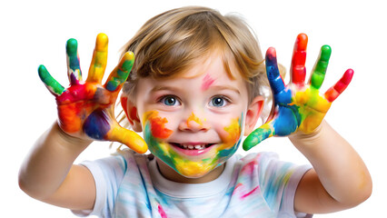 Portrait of a Child with Hands Dirty from Paint on a Transparent PNG Background