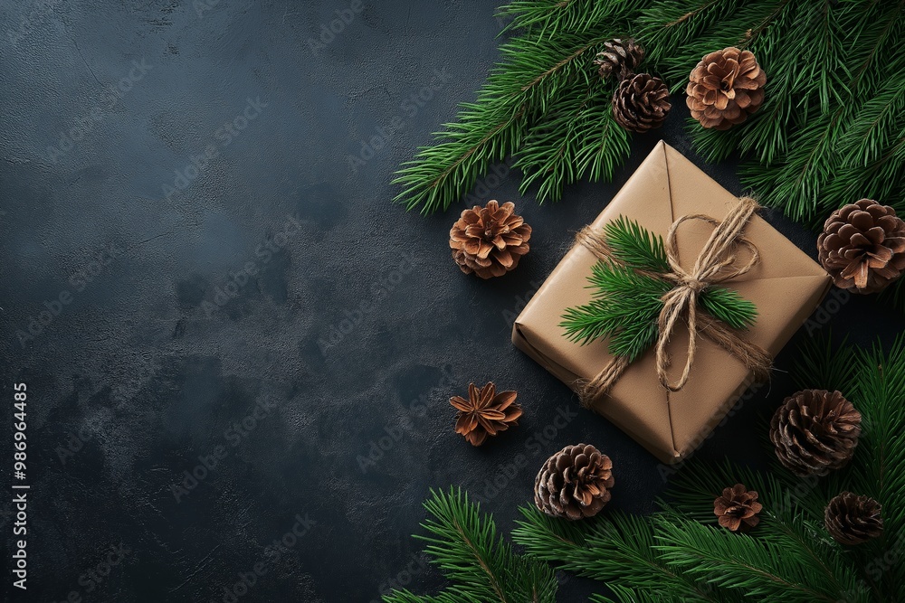 Poster brown box with a ribbon on top sits on a black background with pine cones and green leaves. a produc