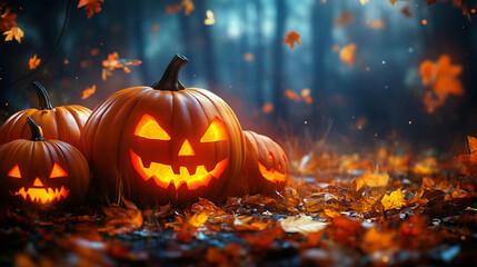 A cluster of glowing pumpkins surrounded by orange and yellow autumn leaves, softly illuminated on a dark background, halloween, pumpkins