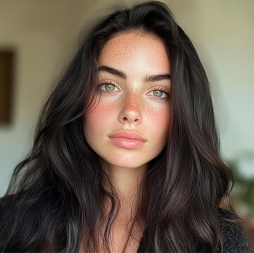 photo of a pretty 25 year old girl with long dark wavy hair, green eyes, and naturally pink cheeks.