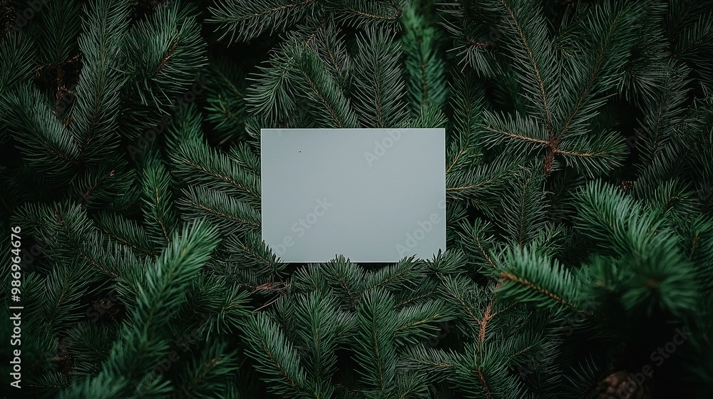 Poster white card is placed in the middle of a tree. the card is empty and the tree is green. cristmas whit