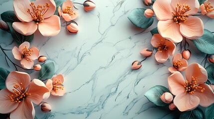A delicate peach blossom arrangement rests elegantly on a cool marble background.