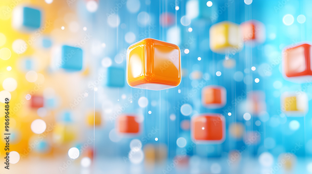 Poster colorful floating cubes in abstract digital space with vibrant background lighting creating a visual