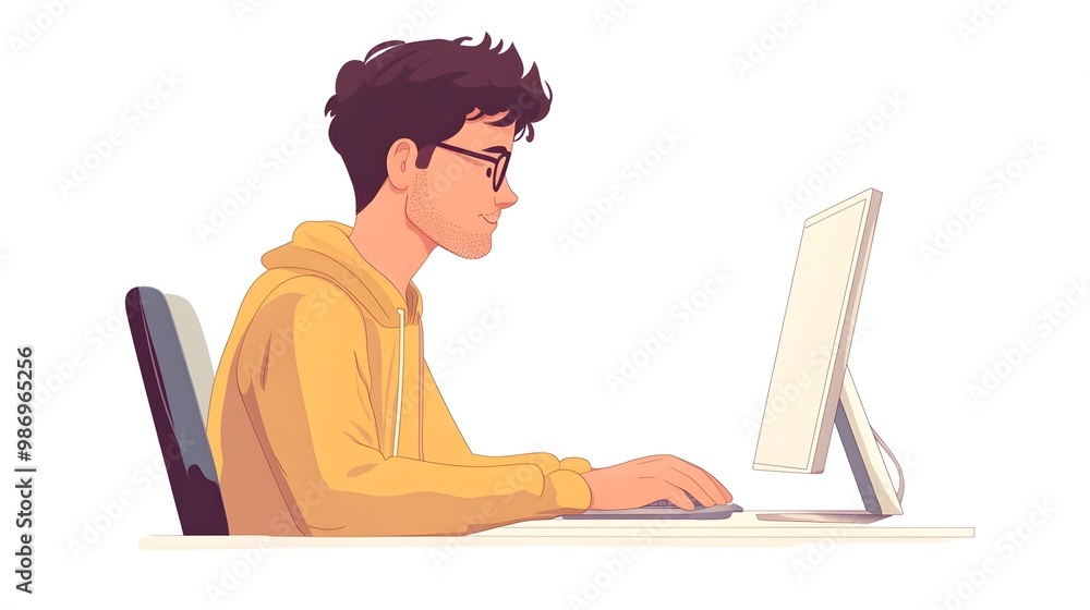 Poster young man studying or working intently on computer in modern office setting