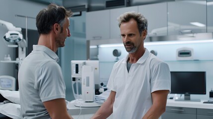 Obraz premium Physiotherapist examining the shoulder joint of a male patient in a modern clinic.