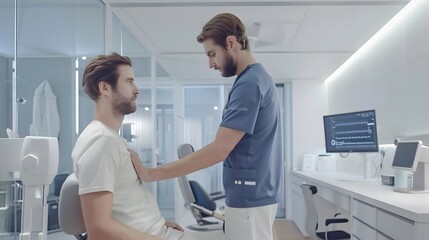 Obraz premium Physiotherapist examining the shoulder joint of a male patient in a modern clinic.