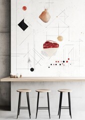 Minimalist Kitchen Wall Decor Featuring Food Technology Icons - Digital Seeds, Cultured Meat, Futuristic Crops