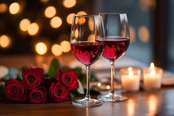 Roses, two glasses of red wine and candles on the table