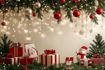 Festive scene with a Christmas tree adorned with red and silver ornaments and a snowman. The tree is surrounded by several boxes, some of which are wrapped in ribbons. a playful Christmas banner
