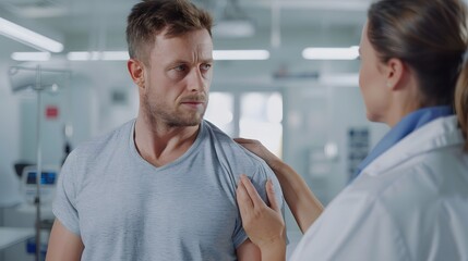 Obraz premium Physiotherapist examining the shoulder joint of a male patient in a modern clinic.