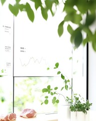 Obraz premium Futuristic Office with Digital Sustainability Graphs, Green Plants, and Cultured Meat on Desk