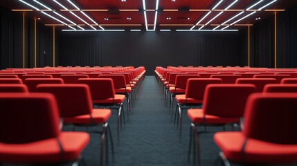 Fototapeta premium Rear View of Empty Conference Hall with Red Chairs