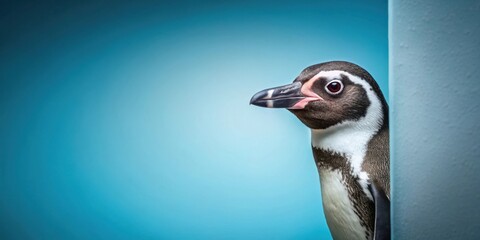 Obraz premium Curious penguin peeking around corner on blue background created with generative technology