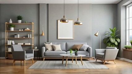 Minimalist gray living room interior poster with simple furniture and decor items