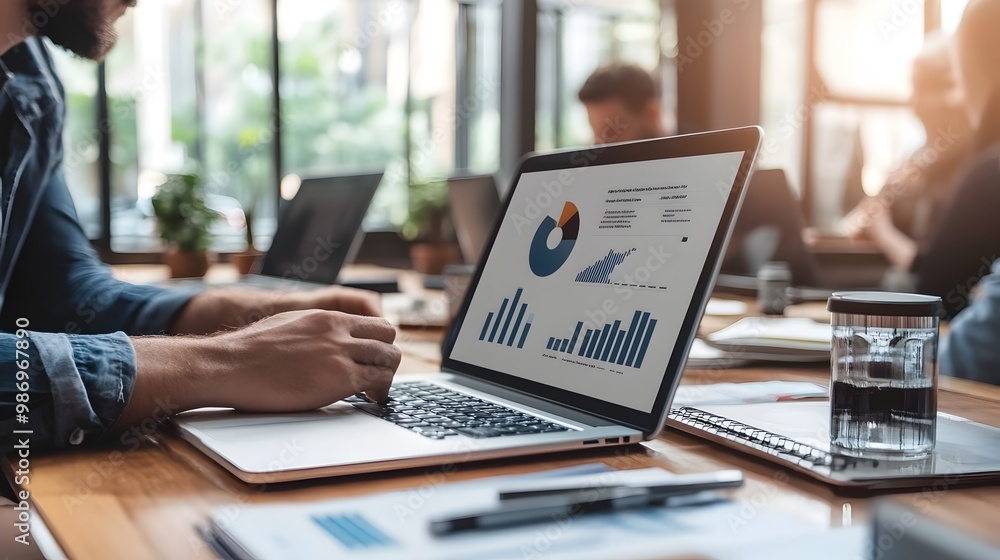 Poster business data analytics graph displayed on laptop screen in modern office workspace