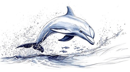 Obraz premium A hand-drawn dolphin jumps out of the water, splashing alongside playful fish.
