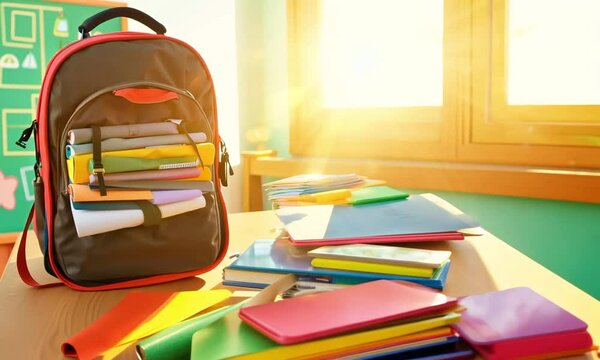 A colorful backpack overflowing with vibrant school supplies shiny pencils, bright books with fun covers, a sparkly ruler, and a cute pencil case