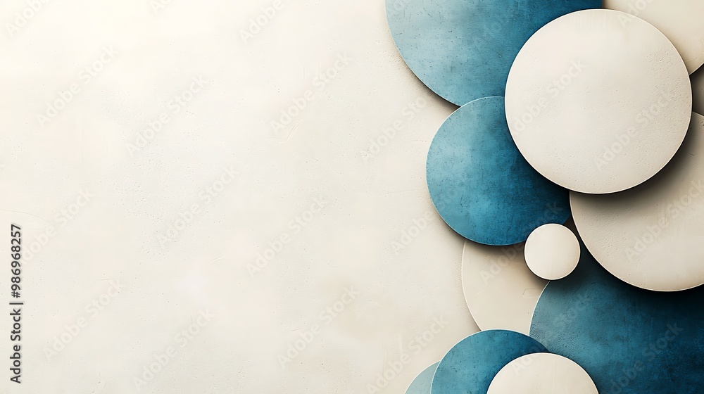 Poster geometric circles in blue and cream tones overlap to form an abstract, minimalist pattern.