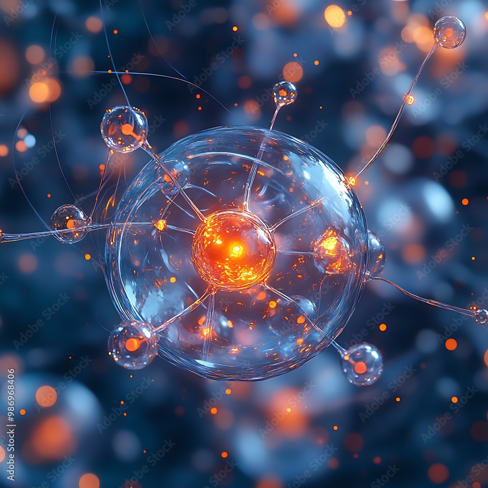 Poster abstract 3d rendering of a glowing sphere connected to other smaller spheres by thin lines.