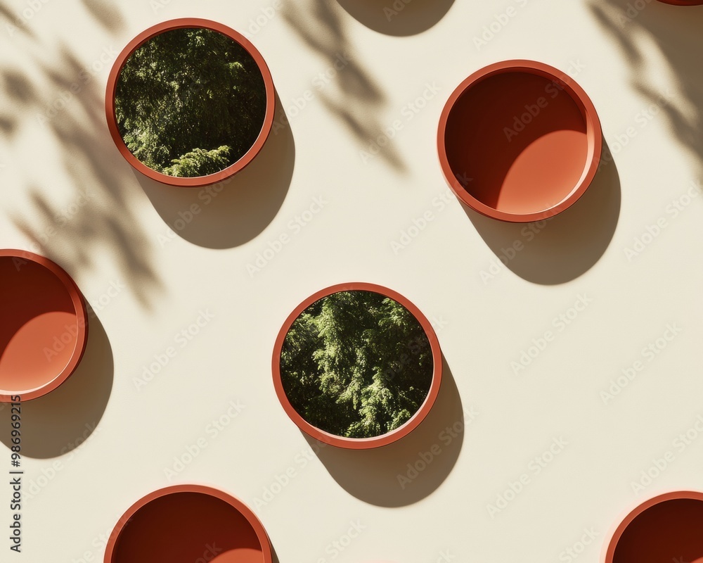 Poster Vibrant Red Circular Frames with Forest Views on Cream Background – Nature-Inspired Geometric Pattern