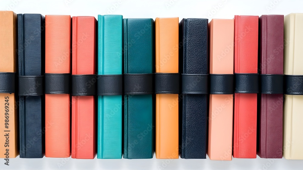 Poster neatly arranged business books with bookmarks on white background representing continuous learning