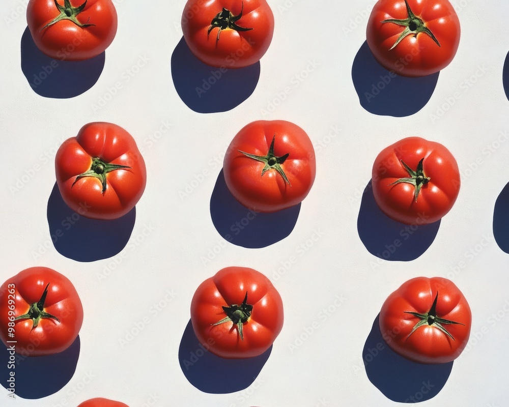 Leinwandbilder repetitive pattern of red heirloom tomatoes on light gray background with soft shadows, evoking fres