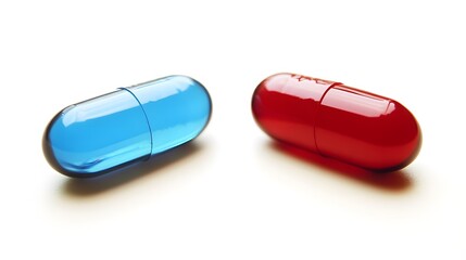 A visual depiction of a red pill and a blue pill placed side by side on a clean white background.