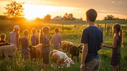 Class visiting a farm, students interacting with animals, learning hands-on about agriculture, a farmer explaining the processes while the sun sets over the fields