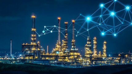 Fototapeta premium A network of lights and lines is displayed over a large industrial area. The lights and lines are connected to each other, creating a sense of interconnectedness and communication