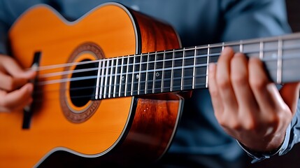 Fototapeta premium A closeup captures hands playing an acoustic guitar, fingers moving gracefully over the strings.