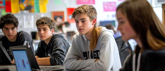 Students engaged in digital projects with sleek devices on one side, while peers on the other side collaborate on analog tasks like model building and group discussions