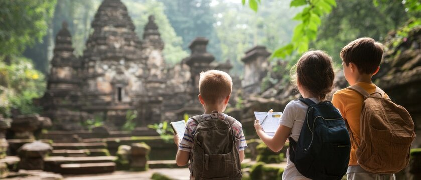 Children visiting a centuries-old temple, taking notes and photos, tour guide pointing out architectural details, the monument surrounded by lush greenery and a serene atmosphere